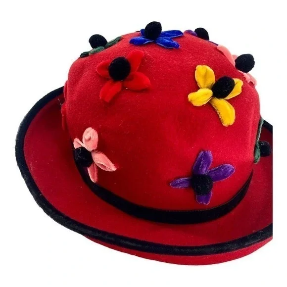 Whittaker & Shon 100% Doeskin Wool Red Felt‎ Hat Velvet Flowers Made In USA - Picture 10 of 15